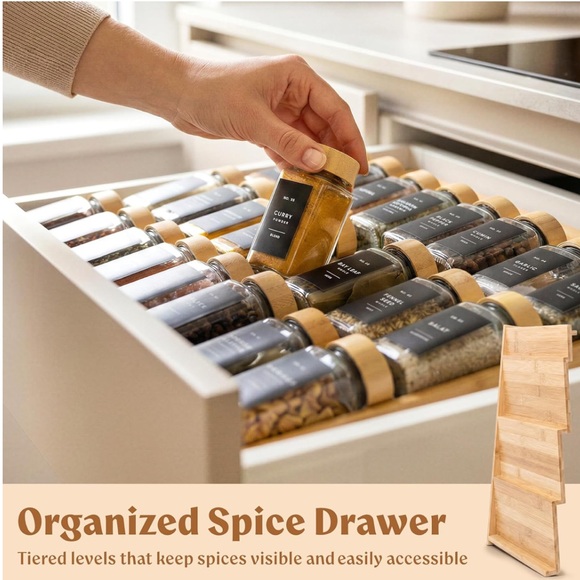 Bamboo Spice Drawer Organizer - Expandable 4 Tier Rack 12" to 24" WideShip Alone - Picture 5 of 8